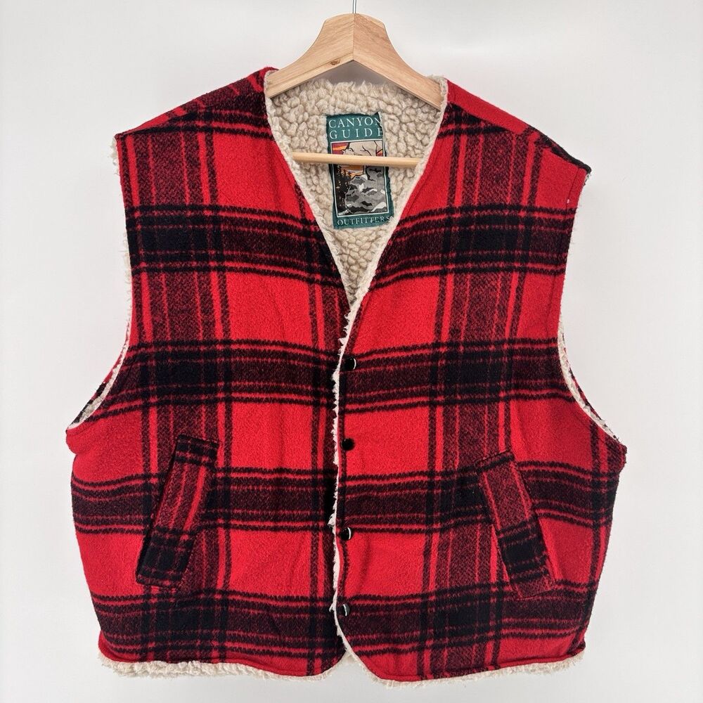 Vintage Canyon Guide Outfitters Sherpa Lined Buffalo Plaid Vest Red Black XL